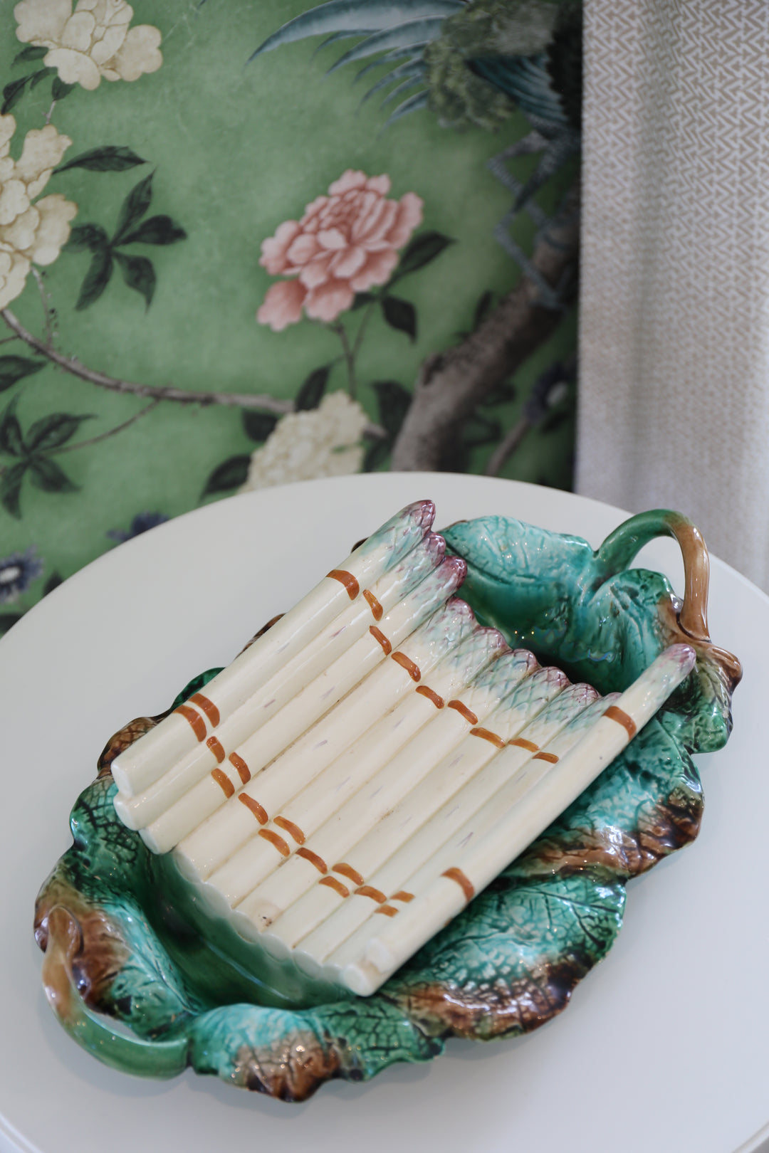 French Asparagus Faience Basket Centerpiece, c. 1900