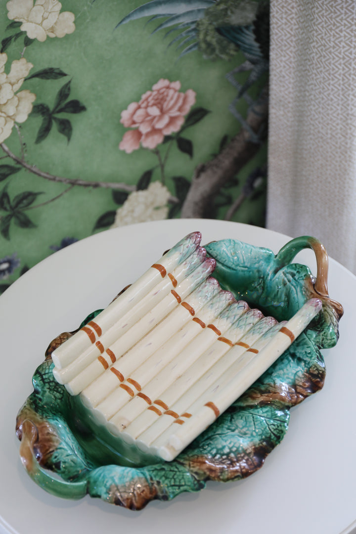French Asparagus Faience Basket Centerpiece, c. 1900