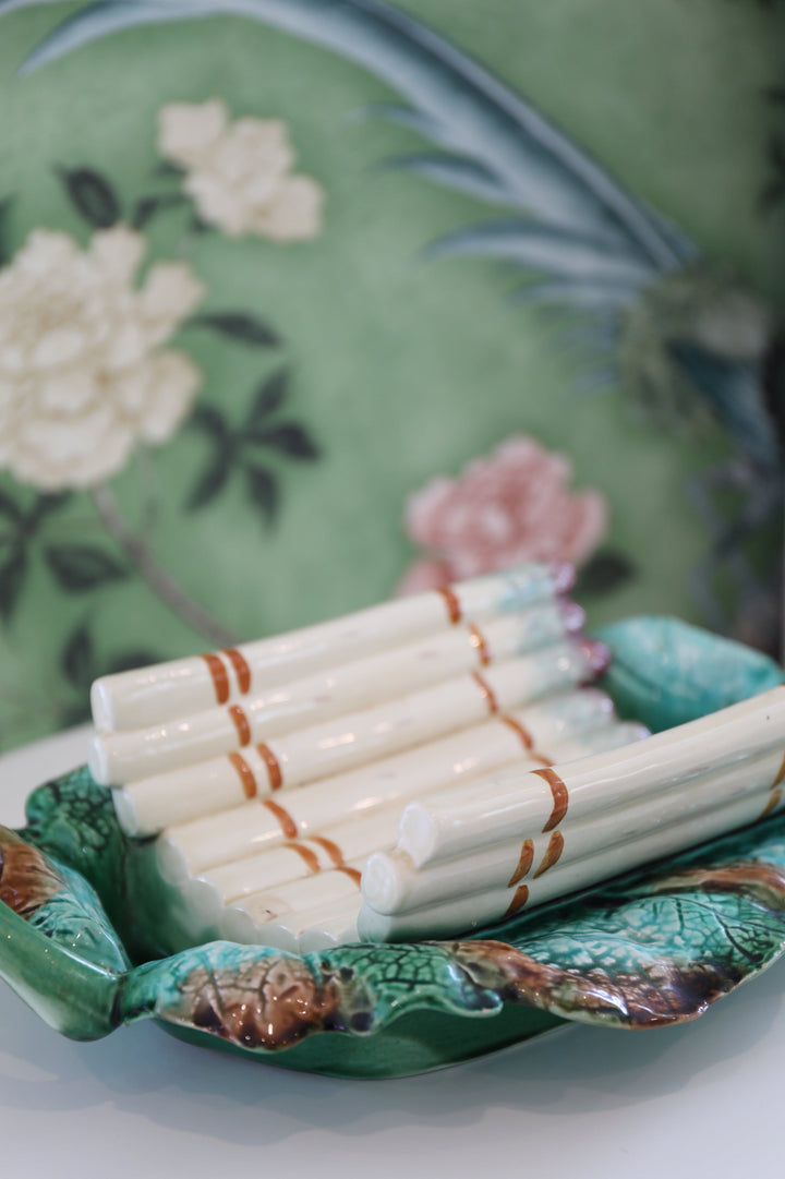 French Asparagus Faience Basket Centerpiece, c. 1900