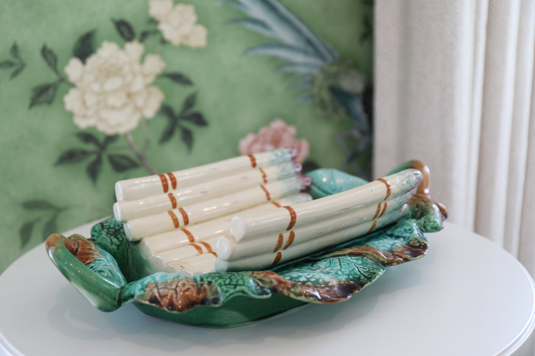 French Asparagus Faience Basket Centerpiece, c. 1900