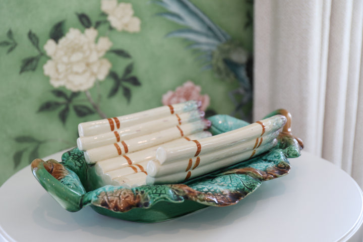 French Asparagus Faience Basket Centerpiece, c. 1900