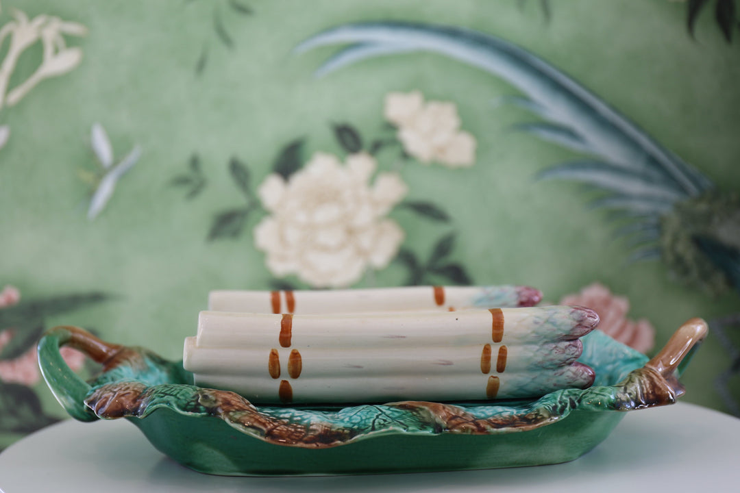 French Asparagus Faience Basket Centerpiece, c. 1900