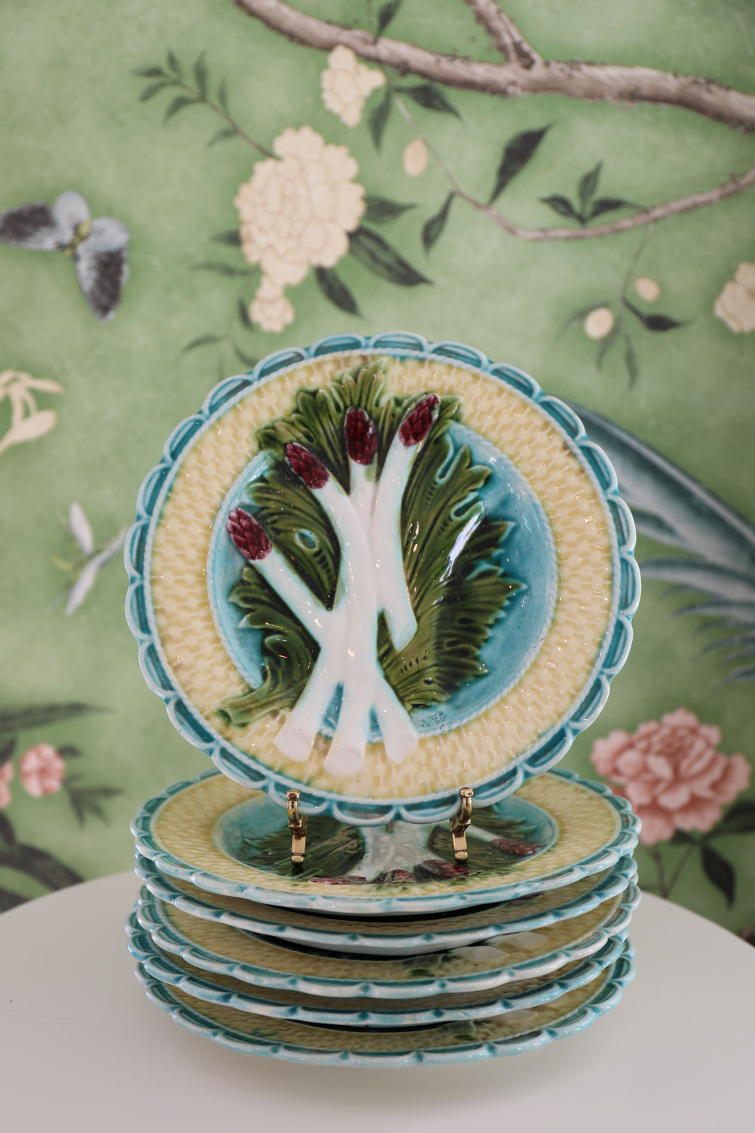 Antique Majolica  Asparagus Babotine Plates, c. 1890-1910;  Set of