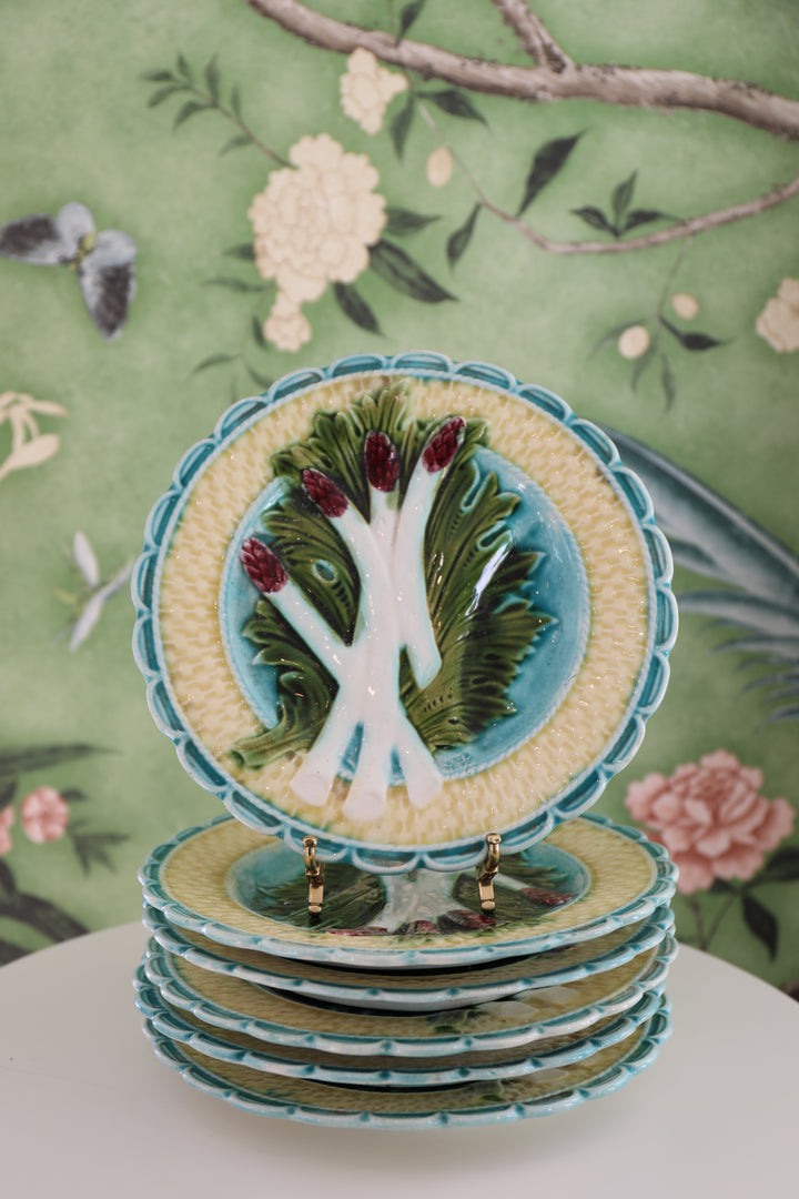 Antique Majolica  Asparagus Babotine Plates, c. 1890-1910;  Set of