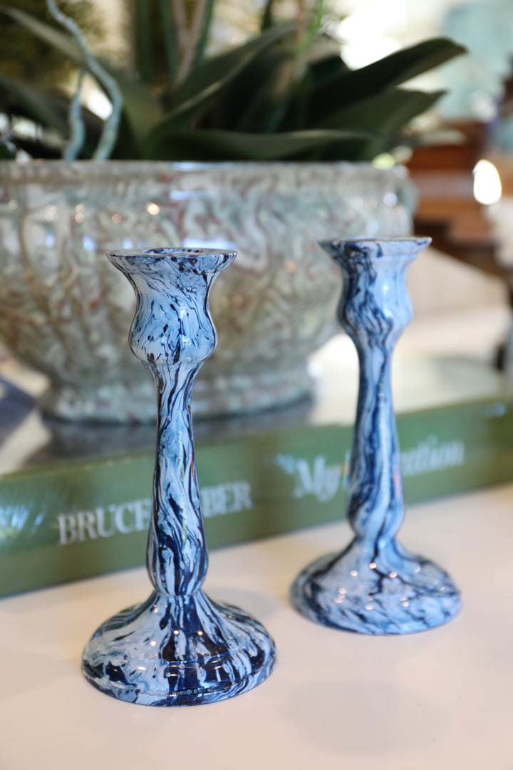 Handmade Blue Swirl Candlestick Pair