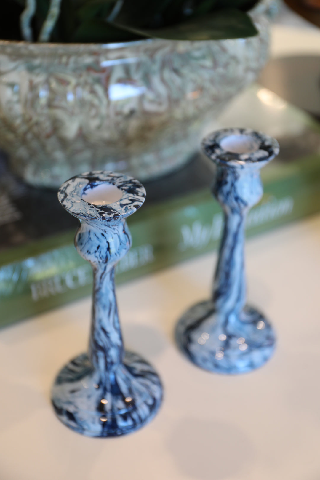 Handmade Blue Swirl Candlestick Pair