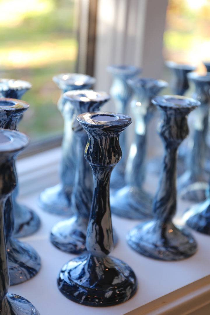 Handmade Blue Swirl Candlestick Pair