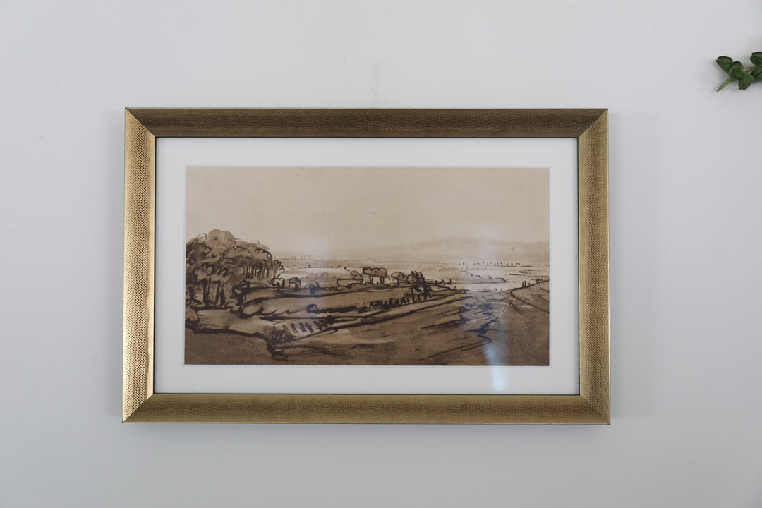Original Sepia Watercolor of Provence Landscape, Unknown Artist,  13.5"Wx9"H, Provence