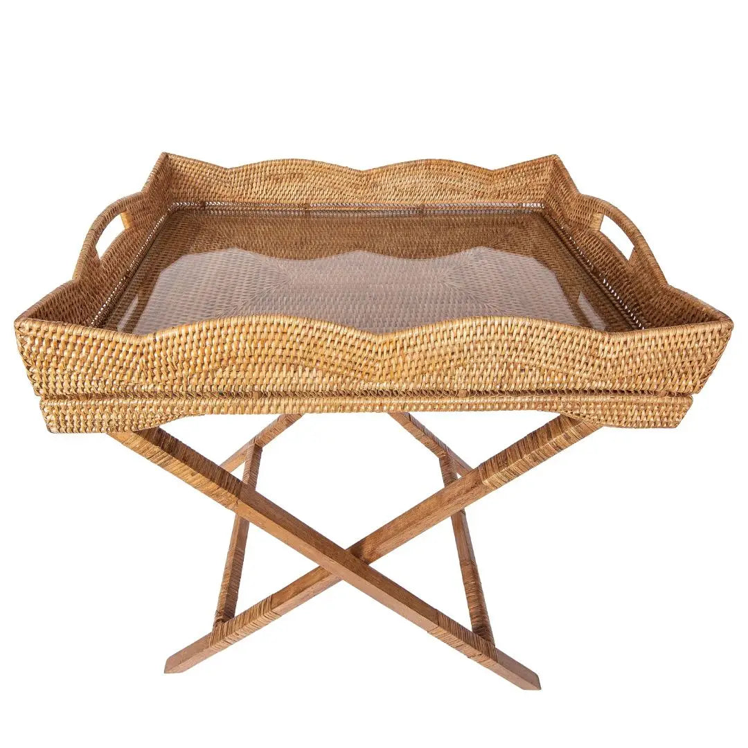 Rattan Scallop Butler Tray with Glass Insert - Honey