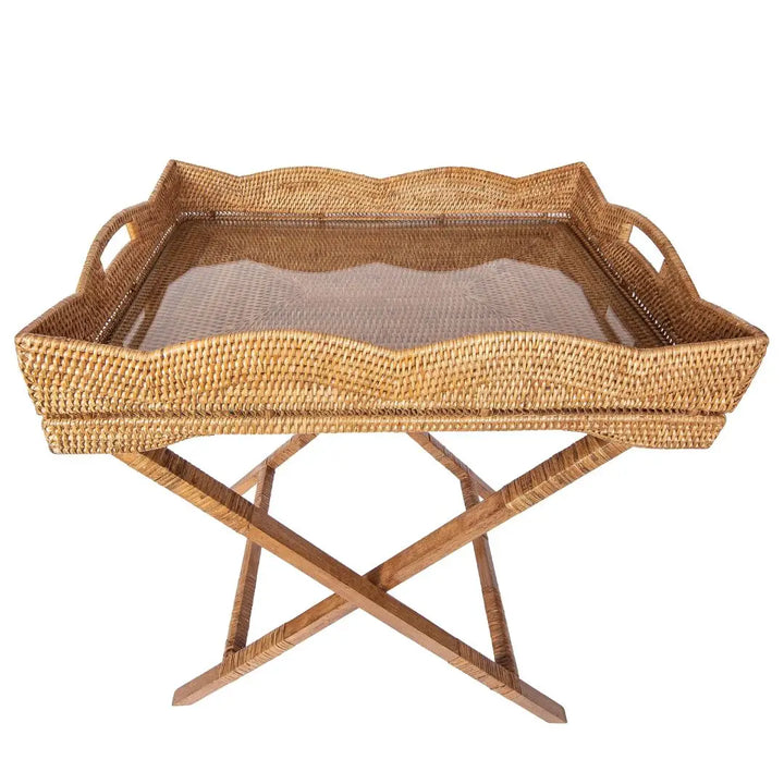 Rattan Scallop Butler Tray with Glass Insert - Honey