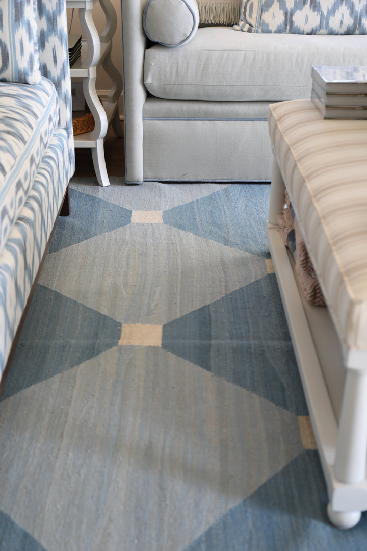 Turkish Kilim Blue Geometric Rug - 9 x12 - Ready to Ship