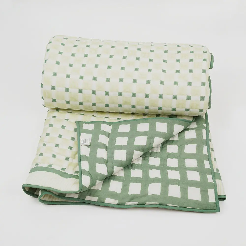 Block Print Checkered Green Quilt- King