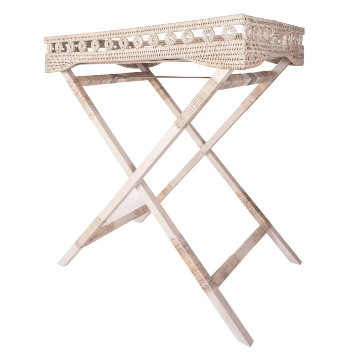 Rattan Butler Tray with Glass Insert, Whitewash