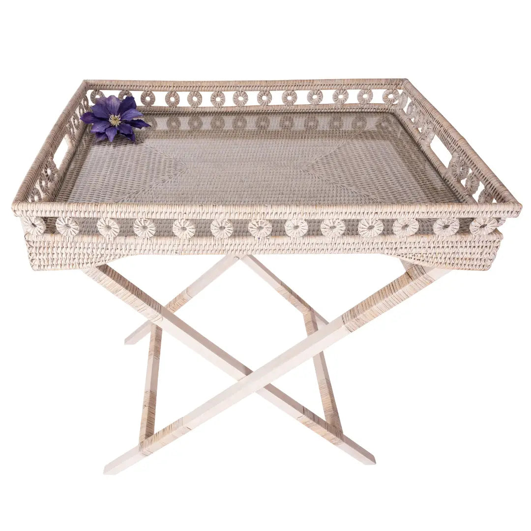 Rattan Butler Tray with Glass Insert, Whitewash
