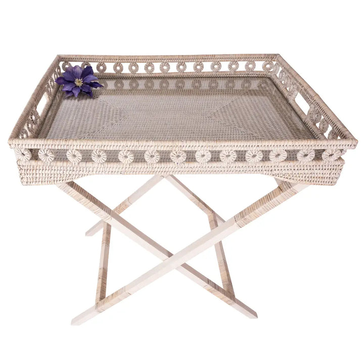 Rattan Butler Tray with Glass Insert, Whitewash