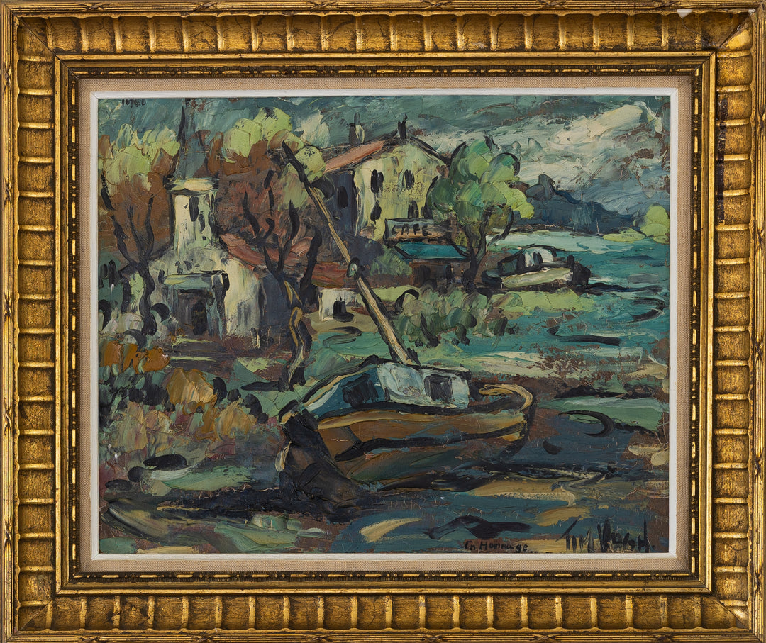"En Homage"by Tim Vagh; Oil on Canvas; Mid 20th Century; Original Gilt Frame