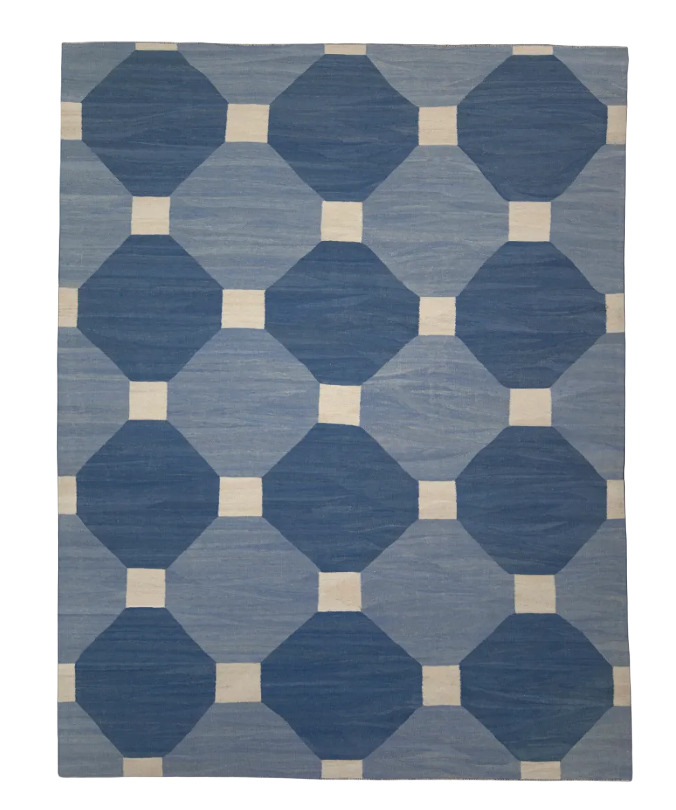 Turkish Kilim Blue Geometric Rug - 9 x12 - Ready to Ship