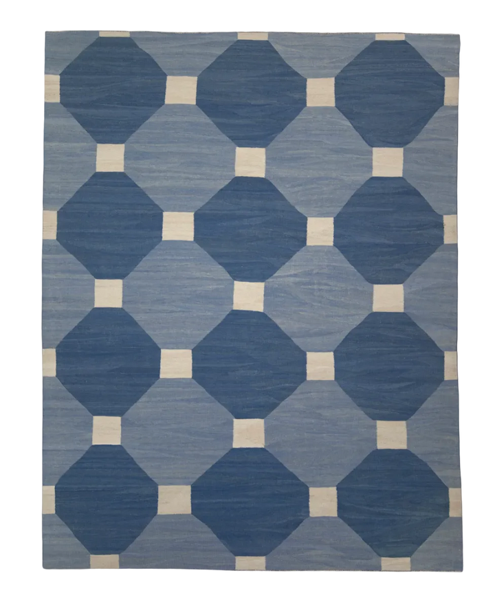 Turkish Kilim Blue Geometric Rug - 9 x12 - Ready to Ship