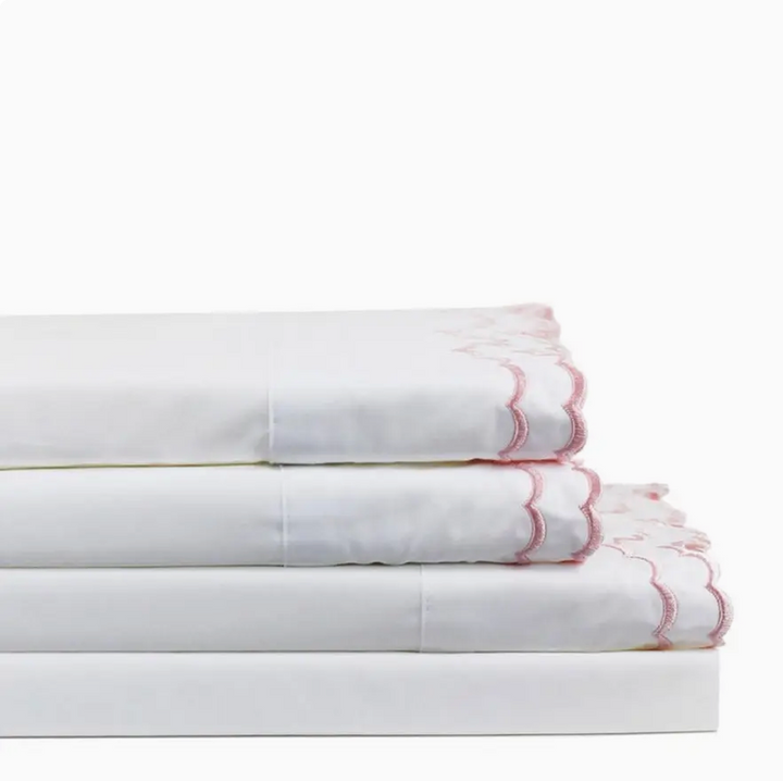 Double Scallop Embroidered Sheet Set- Twin/Pink