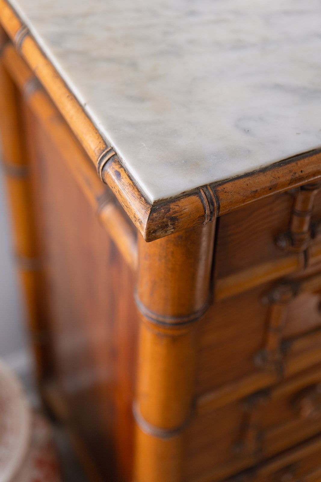 19th Century French Pitch Pine Faux-bamboo chest — Sm. 40.25"W x 39"H x 19.5"D