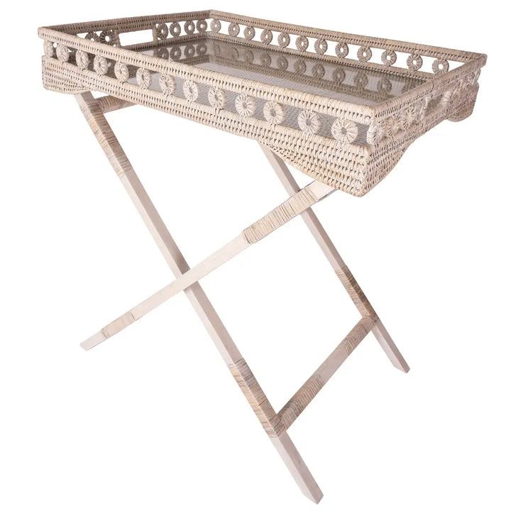 Rattan Butler Tray with Glass Insert, Whitewash