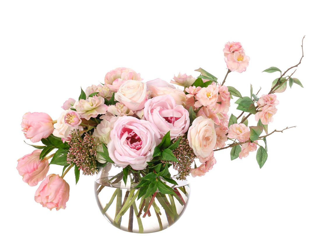Pink Hydrangeas Faux Arrangement,  Glass Bubble 39"